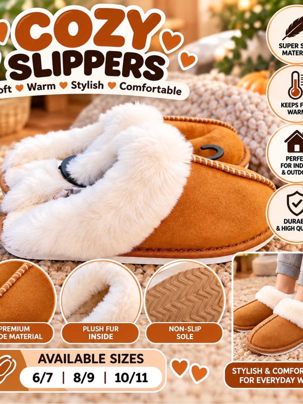Cozy Women's Slip-On Slippers with Plush White Fur Collar - Tan